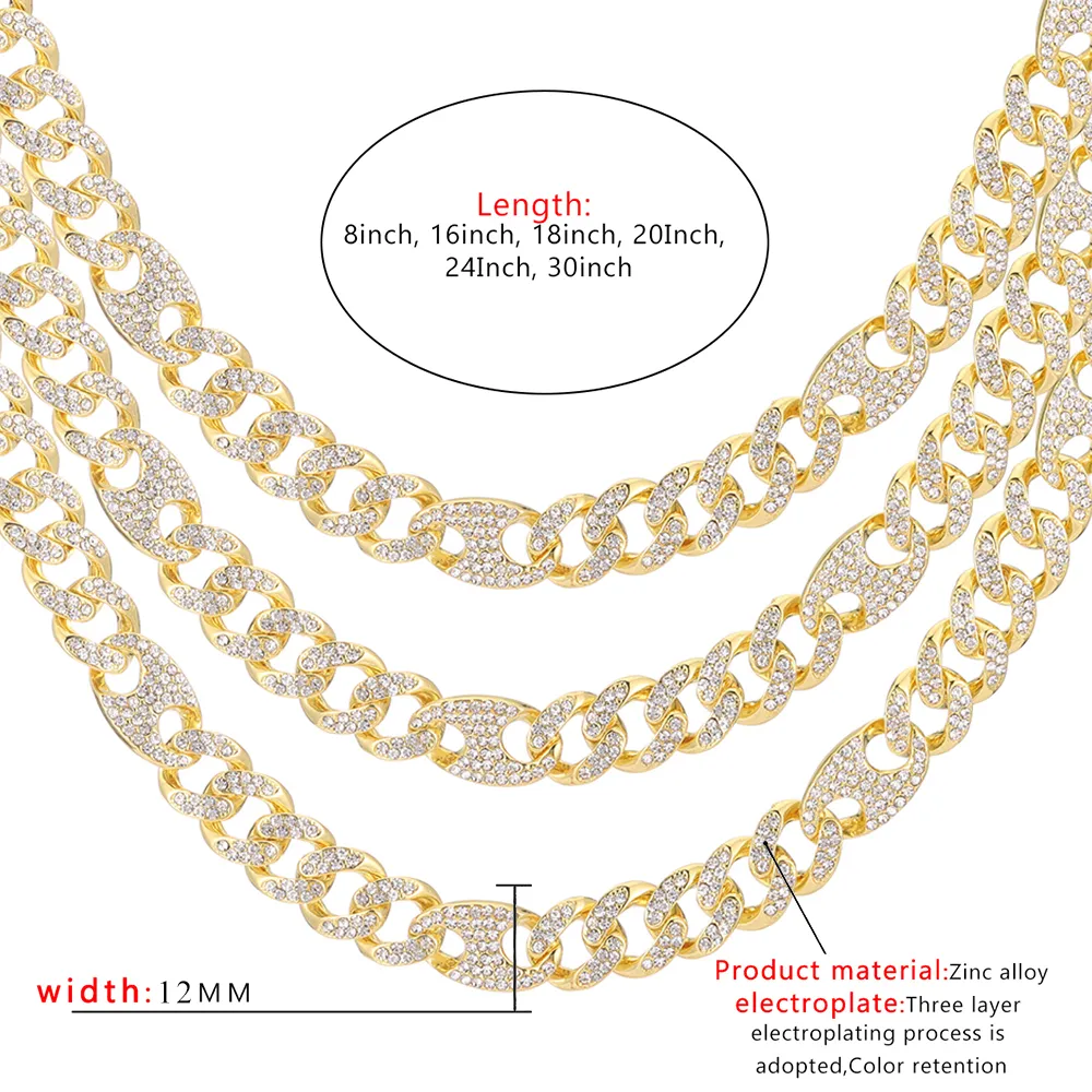 Gargantilla de cadena de eslabones y pulsera con diamantes de imitación y circonita cúbica helada en forma de grano de café brillante para hombre, joyería de estilo hip hop_voghion.com