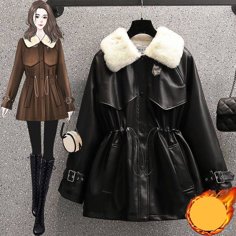 Women's Clothing Autumn And Winter Plus Size Women's New Temperament Waist Fur One Piece Motorcycle Plush Leather Jacket Women_voghion.com
