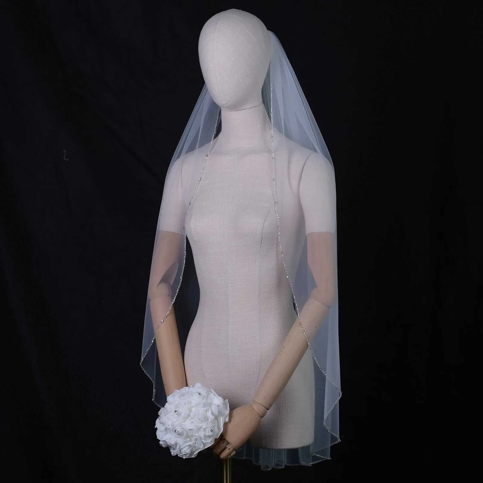 Gioielli per capelli, veli da sposa con perline di cristallo, velo da sposa a 1 strato, bordatura in perle di strass, morbido tulle con pettine a cattedrale_voghion.com