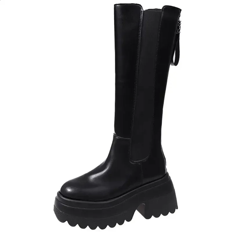 Womens platform knee fashion soft leather winter motorcycle boots slip on short and chubby sports shoes high heels_voghion.com