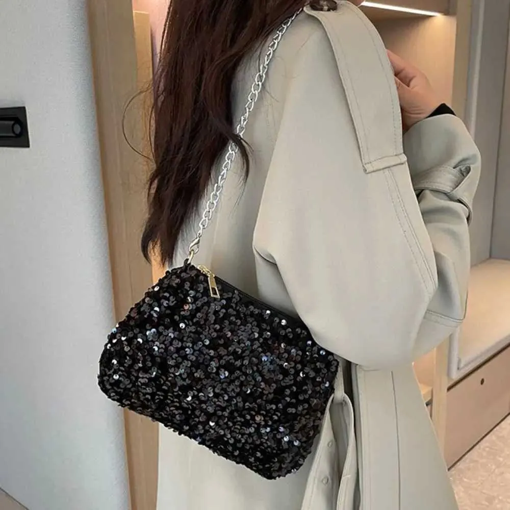 Chain cross body solid color Korean sequin shoulder bag mobile wallet Y241019_voghion.com