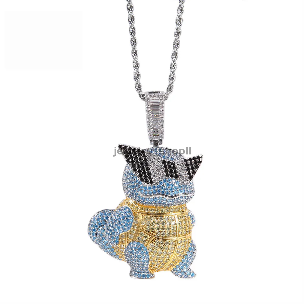 Collana con ciondolo a forma di tartaruga Jeannie dei cartoni animati hip hop, con ciondolo a forma di catena e personalità, con diamanti taglio brillante, in oro e argento sterling._voghion.com