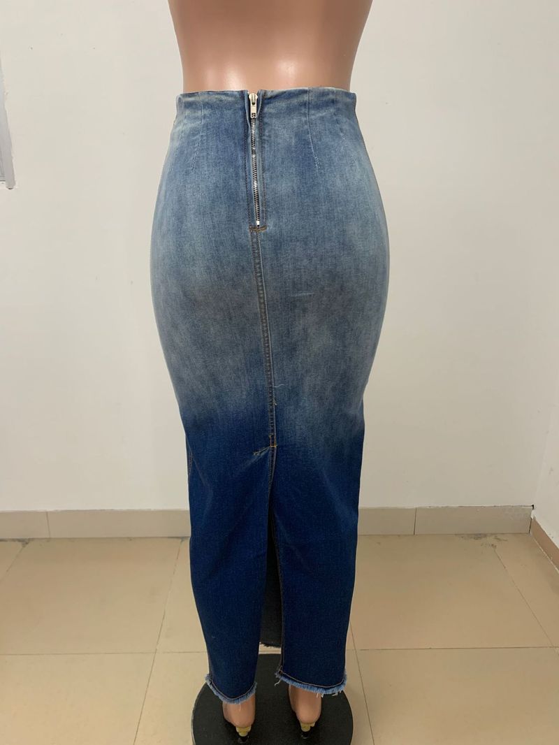 Damenbekleidung Mode Wer Schlitz Fransen Jeansrock_voghion.com