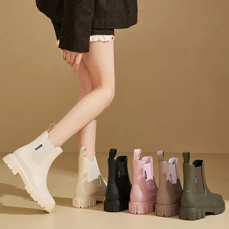Women Waterproof Boots Style Elastic Mouth Ankle Mid Top Rain Shoes Non Slip Outdoor Indoor Water Boot Woman 240709_voghion.com