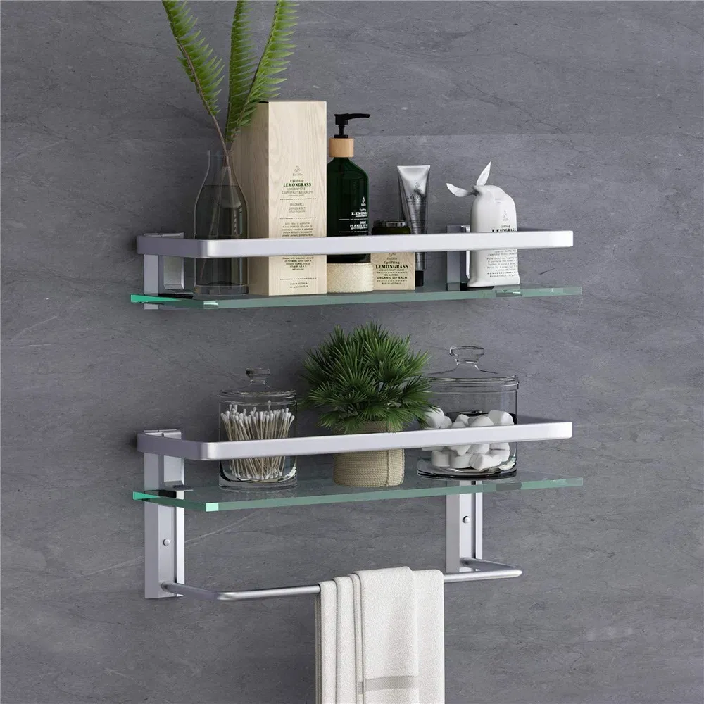 Glass Bathroom Shelf 15.7in Bathroom Shelf Wall Mounted Floating Glass Shelves With Towel Holder Glass Shower Shelf 2 Tier_voghion.com