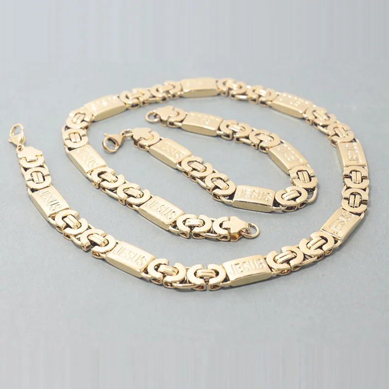 SET DI GIOIELLI Set di bracciali con collana in acciaio inossidabile a maglia piatta bizantina con catena da uomo da 11 mm_voghion.com
