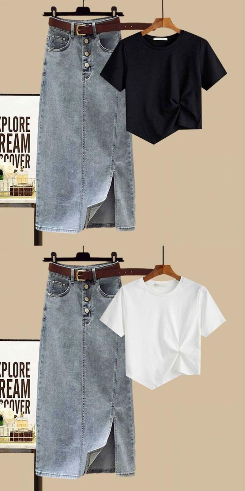 summer suits new irregular short tops women's slim denim skirt two-piece suit_voghion.com