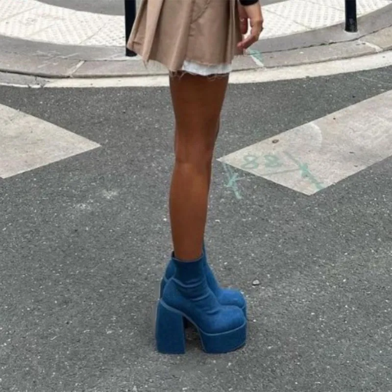 Bottines de créateur pour femme de marque, plateforme épaisse, bottes de cowboy bleues, chaussures solides en PU pour femmes, nouvelles chaussures sexy à talons hauts de 10 cm_voghion.com
