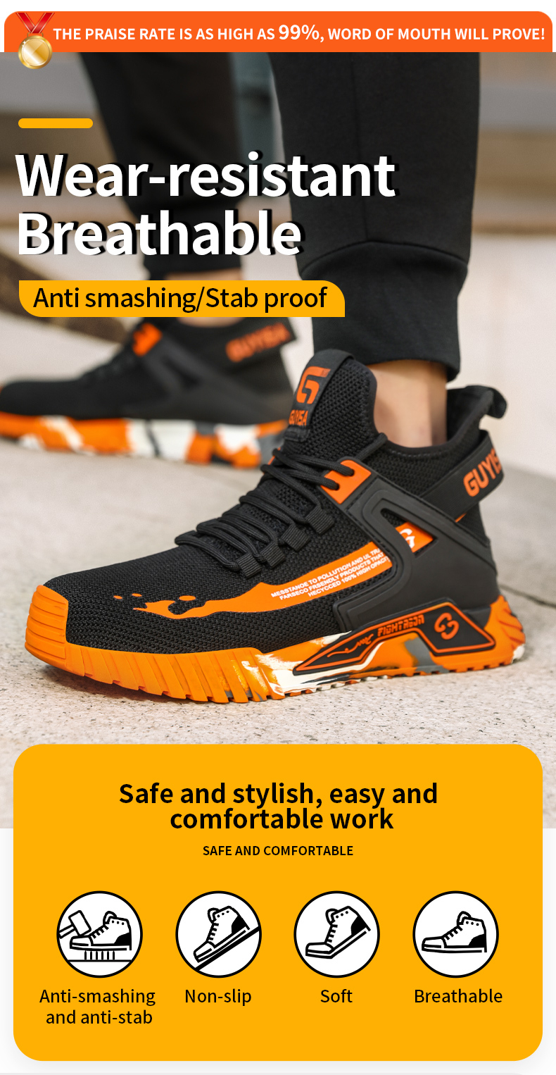 Buty robocze GUYISA dla mężczyzn z metalowym noskiem, odporne na rozbicie i przebicie, oddychające, w kolorze pomarańczowym 0296RE CN39-44_voghion.com