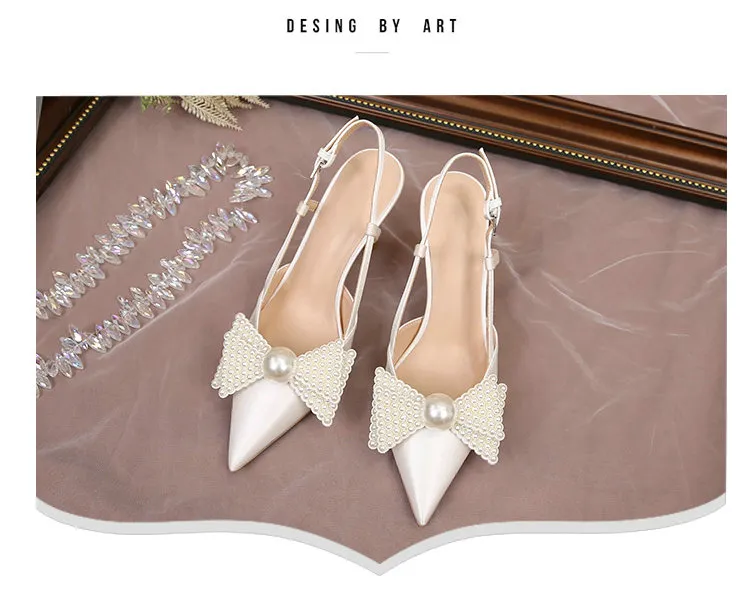 Hochzeit Französisch Frauen 2024 Neue Weiße Brautjungfer Schuhe Bogen High Heels Eleganz Sandalen E336_voghion.com