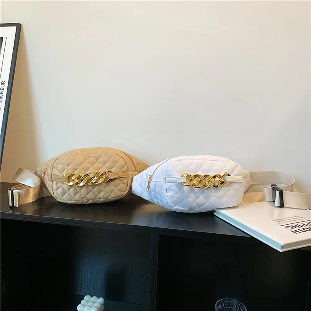 Bolsa tiracolo acolchoada com corrente grossa, casual, alça ajustável, simples e portátil para fim de semana_voghion.com