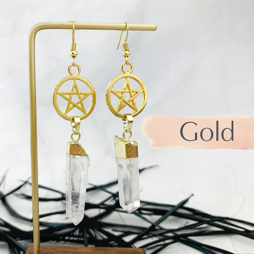 Boucles d'oreilles pendantes en cristal de quartz blanc irrégulier naturel, boucles d'oreilles créoles à pampilles, boucles d'oreilles étoile à cinq branches_voghion.com