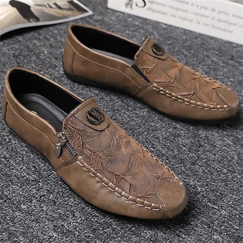 Men's Shoes Four season single retro zipper, casual leather men's slip-on, lazy soft-soled driving pea shoes, men_voghion.com