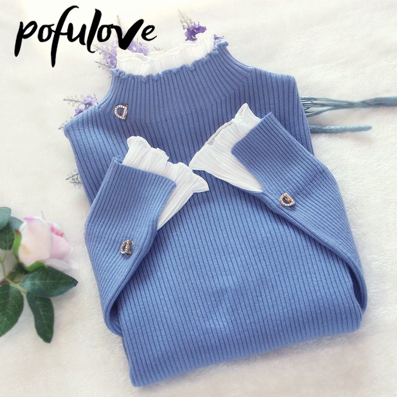 Suéter de cuello alto para mujer, jersey con volantes de encaje, Top de manga trompeta para mujer, prendas de punto de Color sólido, suéter de tendencia para otoño