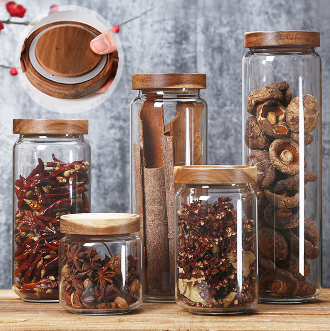 Wood Lid Orgnizer Glass Airtight Canister Kitchen Storage Bottles Jar Sealed Food Container Ginger Cereal Dispenser Stash Cans
