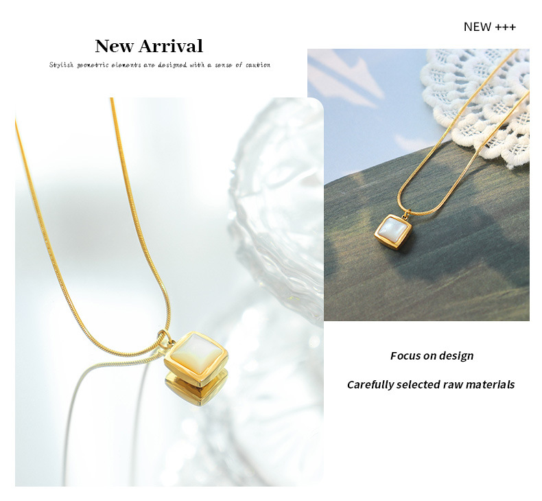 French Instagram Cool Wind Square White Sea Shell Pendant Necklace with Small Design Titanium Steel Gold Plated Round_voghion.com