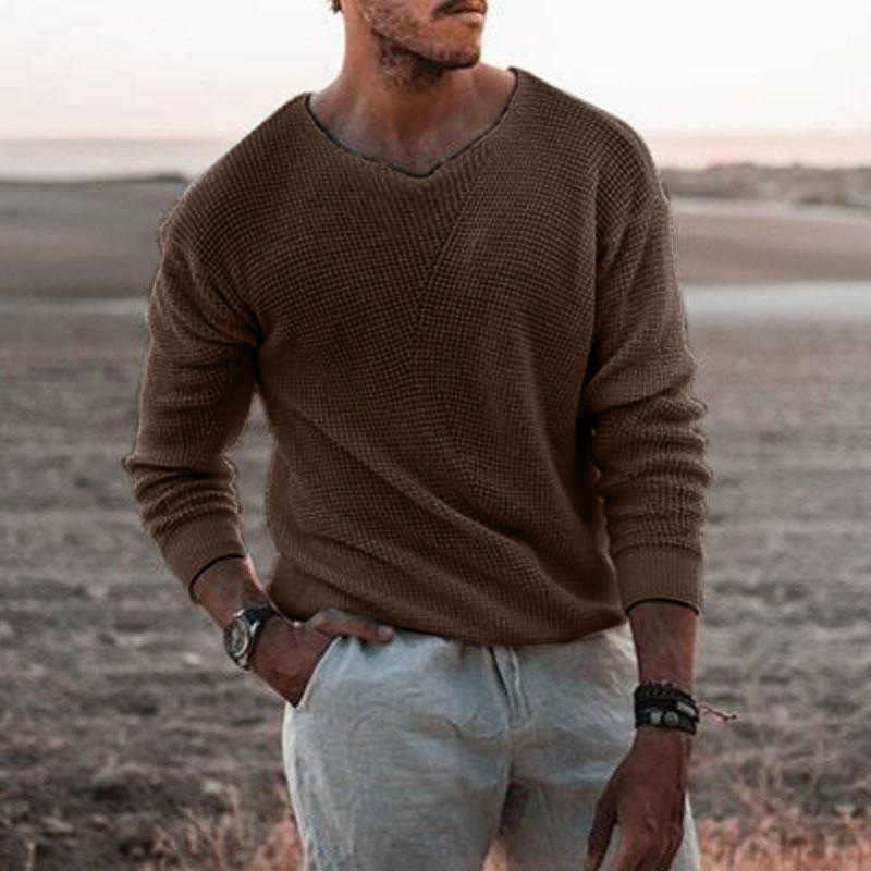Modieuze gebreide casual loszittende trui, trui met V-hals en lange mouwen, oversized herenkleding_voghion.com
