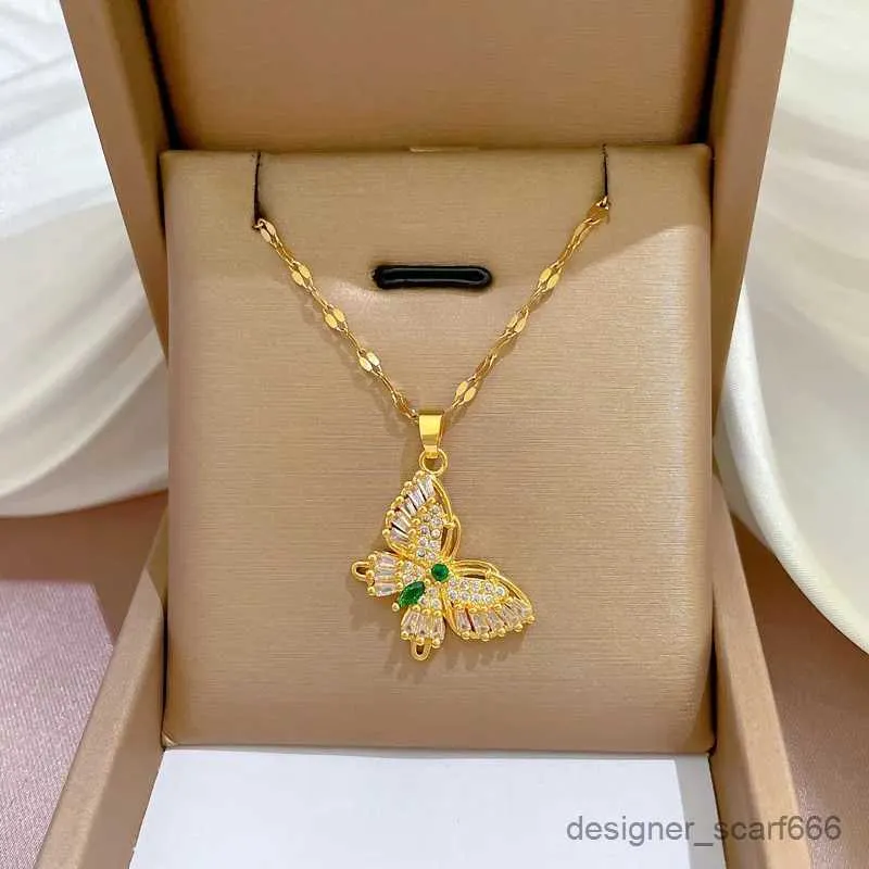 Collane in acciaio inossidabile, elegante collana con ciondolo a farfalla, catena con strass per donna, girocollo con cristalli scintillanti_voghion.com