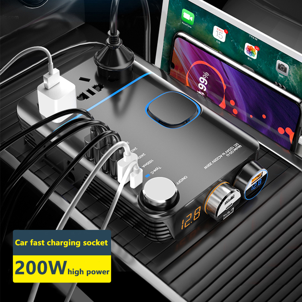 Auton virtamuunnin 12 V, 24 V - 220 V, 200 W:n muunnettu siniaaltomuunnin, 3 AC-pistorasiaa, 6 USB QC3.0 PD -pikalatausvirtainvertteri_voghion.com