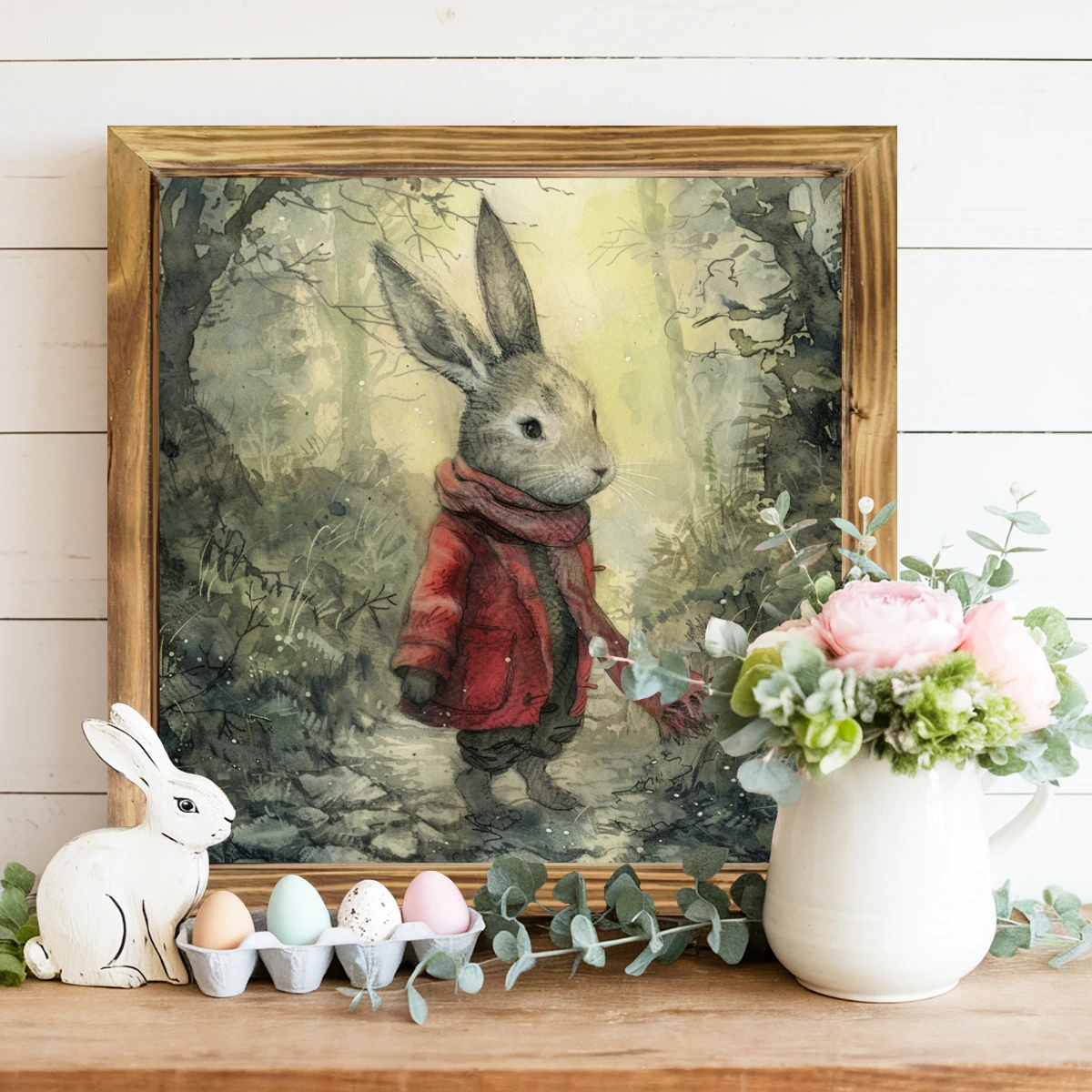 Charmig kanin i röd rock, vintage träinramad väggkonst - perfekt för bondgårdsinredning, vardagsrum, entré och sovrum - perfekt påskpresent, 20x20 cm_voghion.com