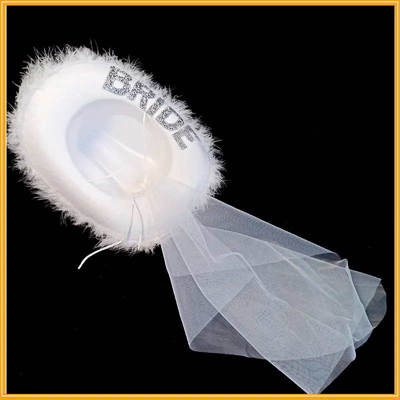 Chapeaux à large bord blanc Dia Fringe Bride Cowgirl Hat Mme Cowboy Bridesmaid Gift Bridal Summer Country Western HatWide_voghion.com