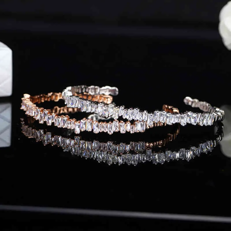 Cwwzircons Moda Ouro Rosa Cor Baguette Cubic Zirconia Cuff Pulseira Pulseira e Conjuntos de Anel Melhor Amigo Jóias Presente_voghion.com