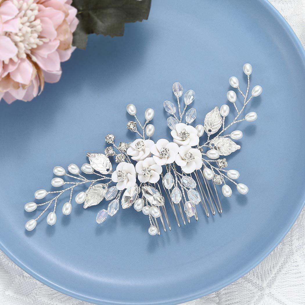 Peigne à cheveux en perles fait main, accessoire de coiffure de mariage, en céramique blanche douce et exclusive, avec fleurs incrustées de diamants_voghion.com