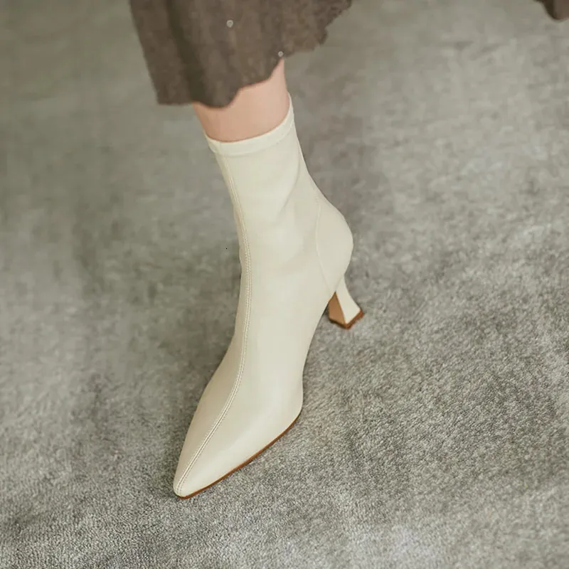 Women Pointy Soft Leather Brown Elastic Famele Stiletto Heels Shoes Ladies Ankle Back Zipper Boots 240617_voghion.com