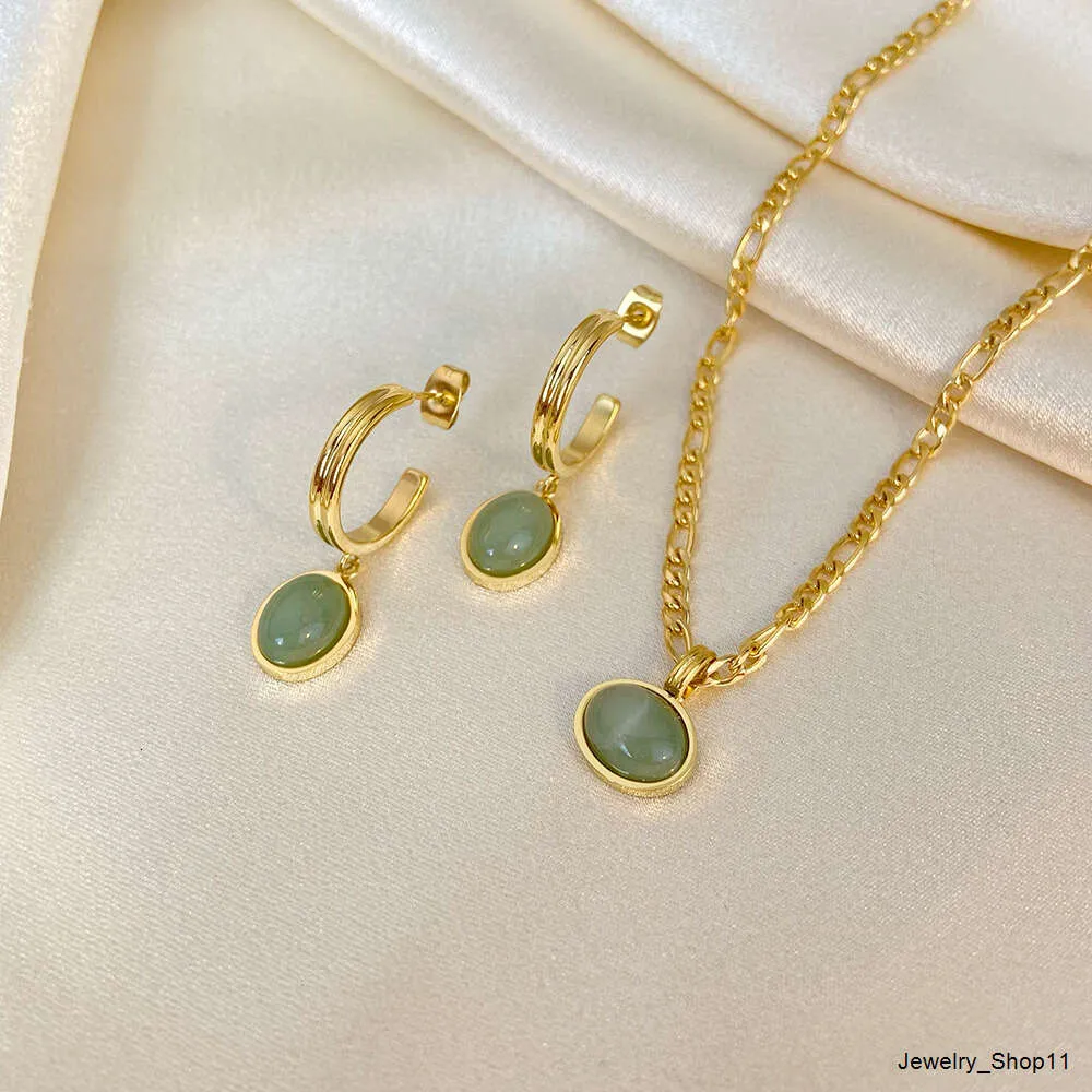 Grüner Aventurin Jade runder Anhänger Figaro Kette Edelstahl Halskette Ohrringe Set Vintage vergoldeter Schmuck für_voghion.com