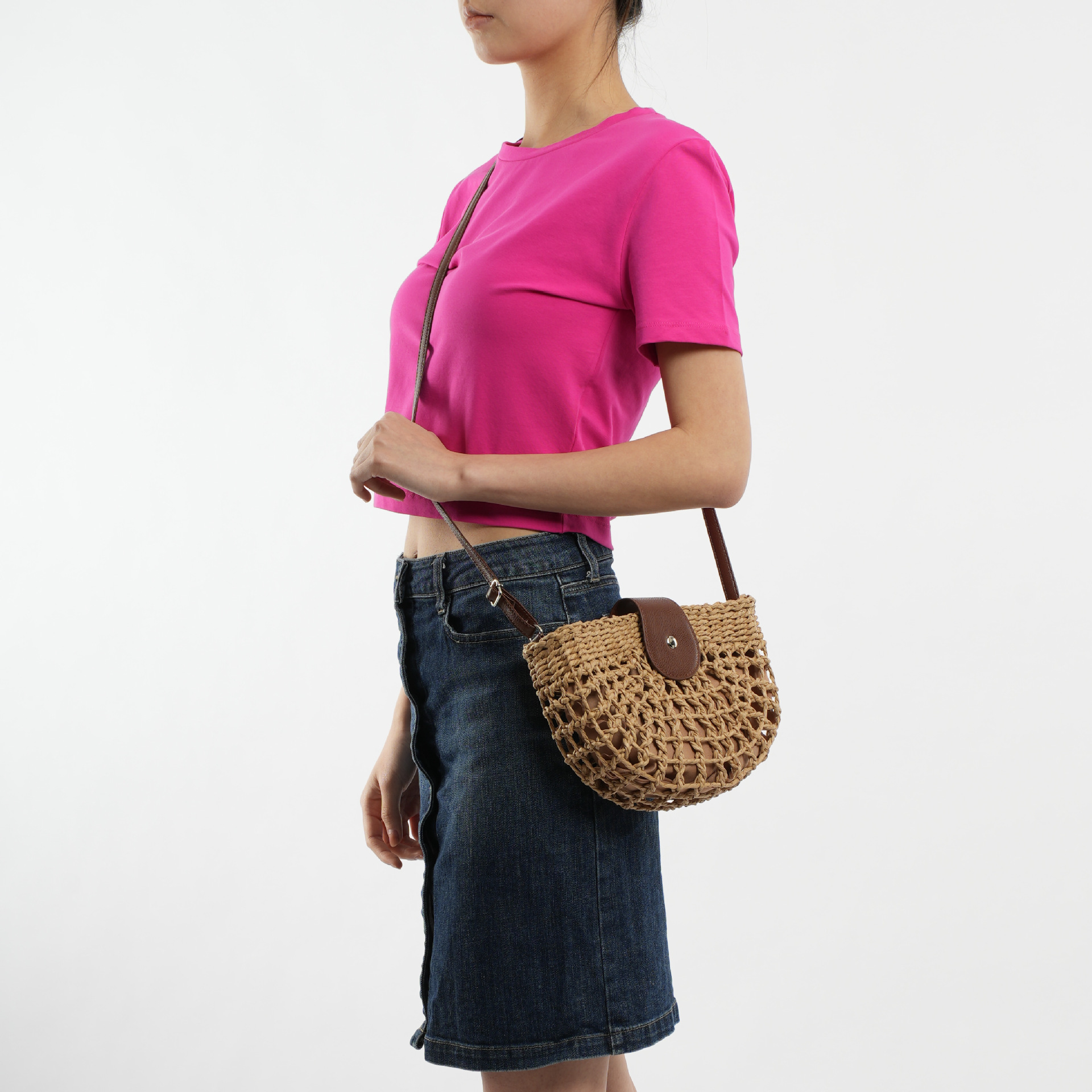 Halbrunde hohle Strohtasche Strand handgewebte Tasche Urlaub Damentasche Umhängetasche_voghion.com