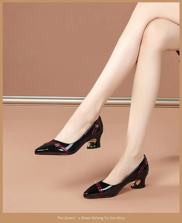 Sapatos femininos de couro fino, salto grosso, temperamento versátil, boca rasa, antiderrapante, trabalho, sapatos individuais, sem salto_voghion.com