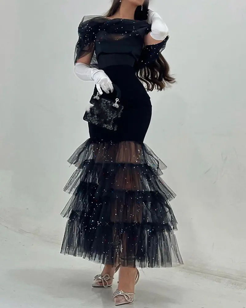 New style hip-covering mid-waist waist black artistic mesh sequin temperament commuter long skirt dress