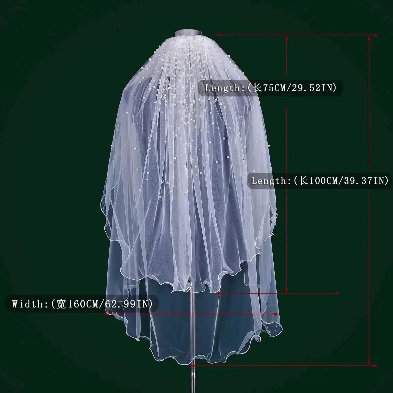 Hair Jewelry MZA32 2 Tier Veil With Blusher Pearls Bridal Veils Elbow Length Wave Pencil Edge Soft Wedding Accessories_voghion.com