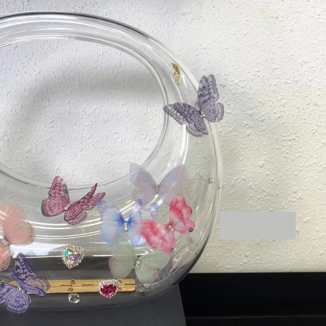 Borsa a tracolla in acrilico con decorazione a farfalla da donna, trasparente, per matrimonio, sera, festa, borsa rotonda 2024, borsa a mano 240907_voghion.com