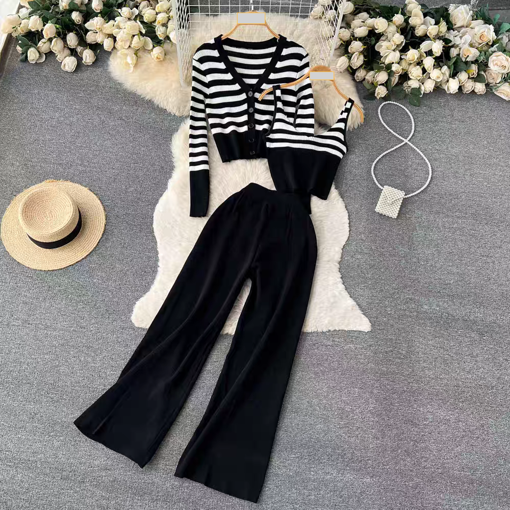 Ropa de mujer Traje de otoño e invierno para mujer suéter con cuello en V de un solo pecho tirantes cortos pantalones largos de pierna ancha traje de dos piezas