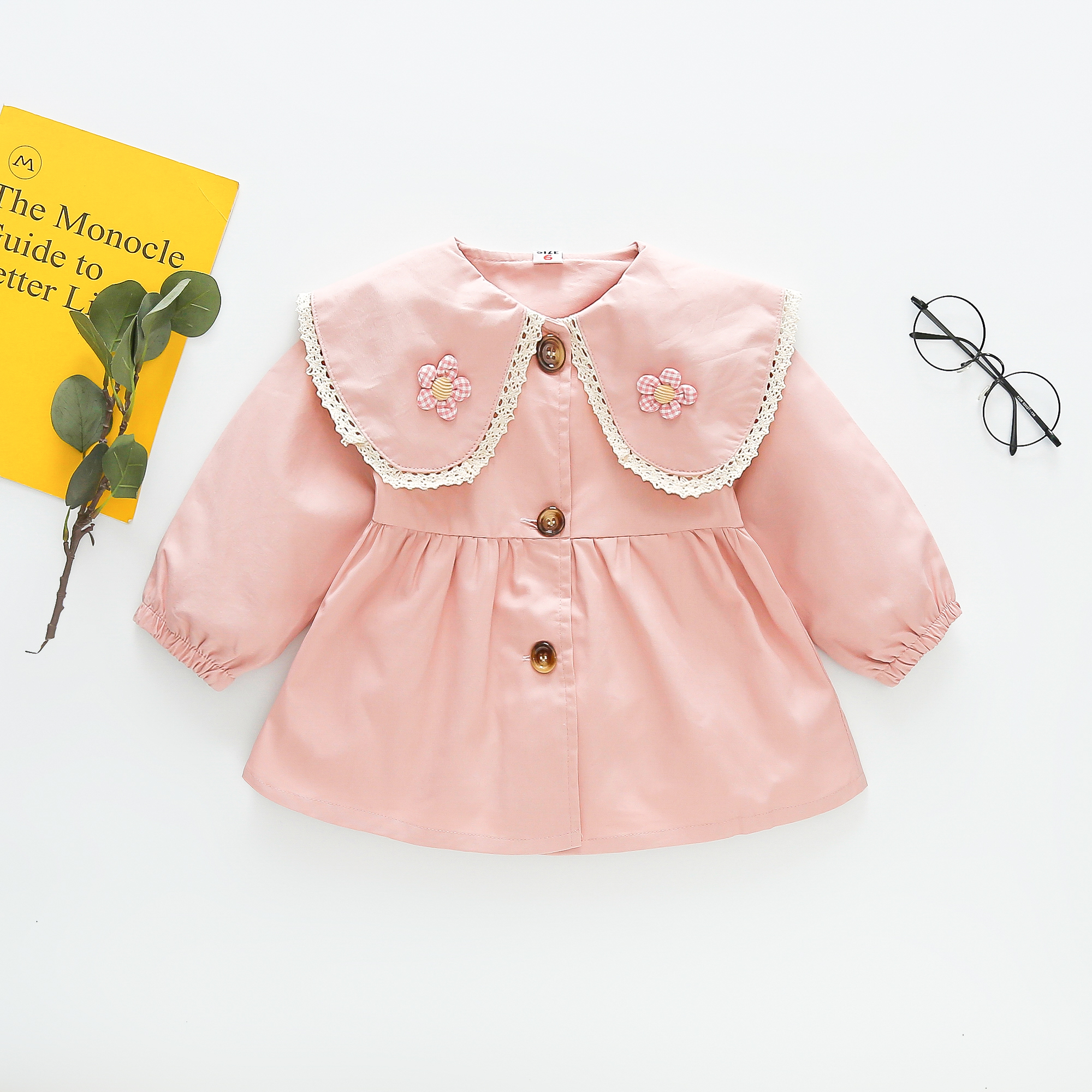 Manteau pour bébé fille, couleur unie, col de poupée à fleurs, coupe-vent, vêtements pour bébé_voghion.com