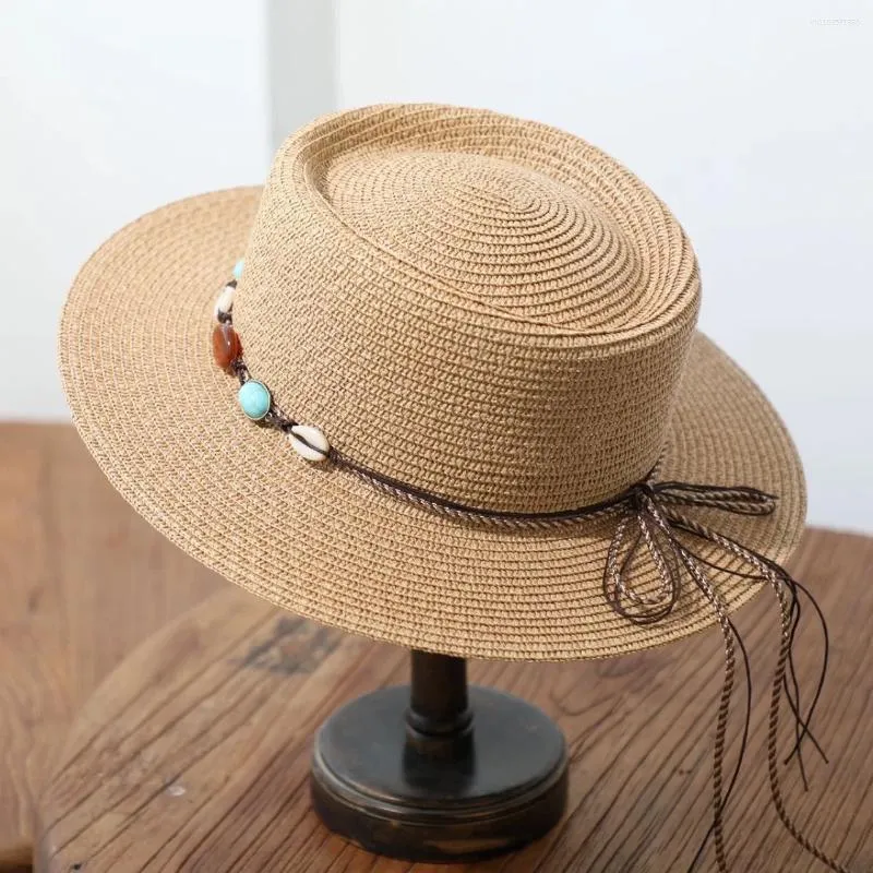 Berets Bohemia Style Summer Flat Top Sun Hat Women Big Head Beach Cap Holiday Sunshade Sunscreen Straw_voghion.com