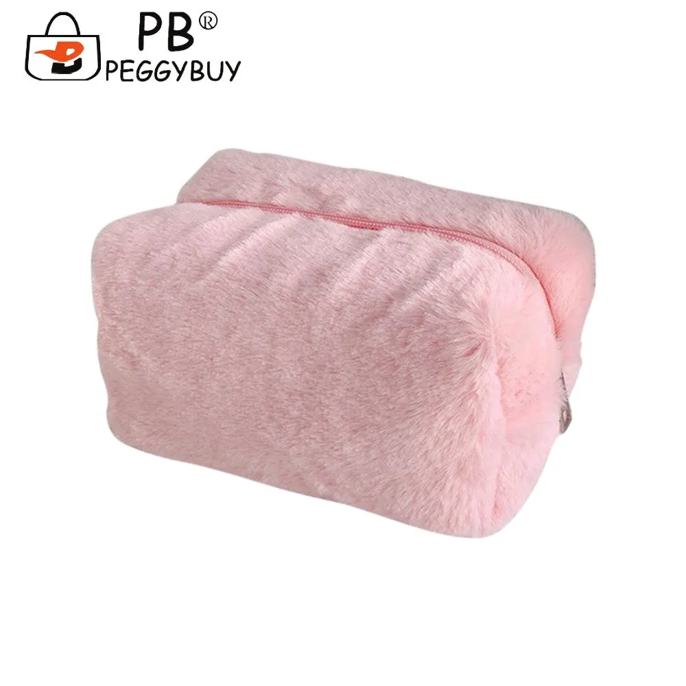 Plush Makeup Bags Large Capacity Soft Make Up Brushes Storage Solid Color Cosmetics Handbag Case Portable For Travel_voghion.com