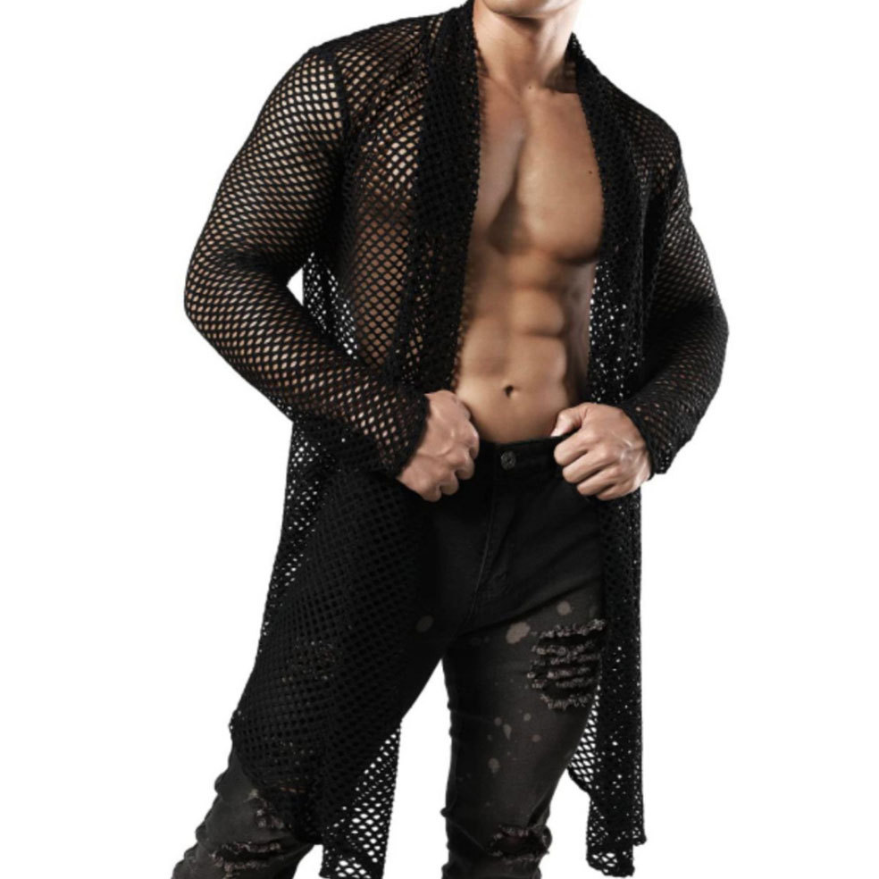 Herren-Übergröße, Schalkragen, Cut-Out, lange Strickjacke, Netzstoff, durchsichtig, Langarmshirt_voghion.com
