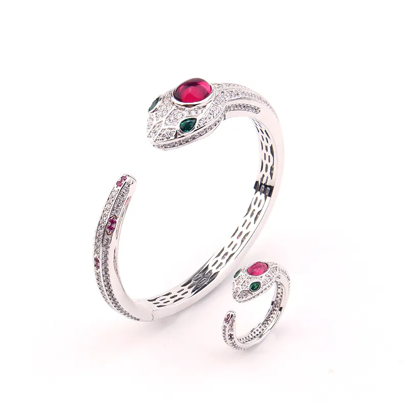 Snake Head Open Bangle Bracelet And Ring Set For Women Gold Tone_voghion.com