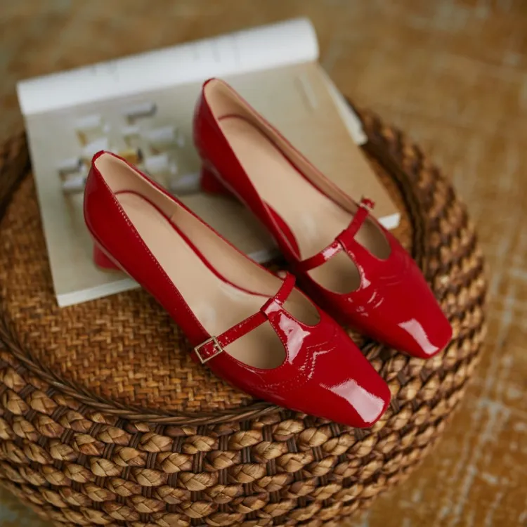 Shoes Spring/Autumn Patent Leather Solid Color T-shaped Buckle Pumps Square Toe Chunky Heel Versatile Mary Jane For_voghion.com