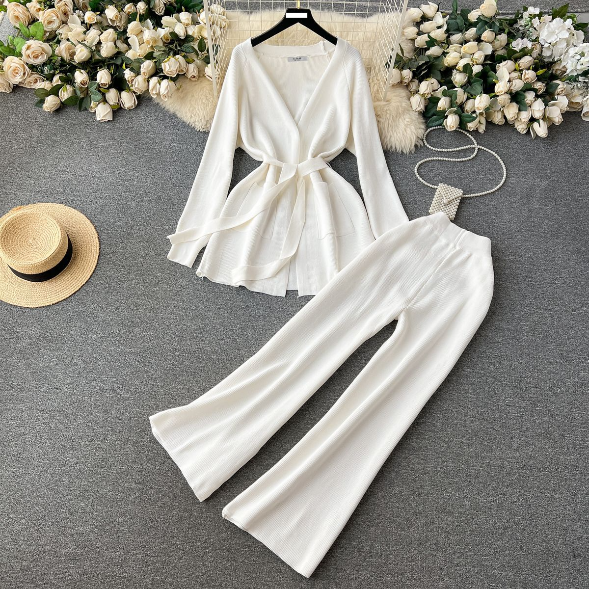 Women's Clothing Autumn and winter lazy style loose knitted suit women's mid length waisted sweater coat wide leg trousers fashionable two piece suit