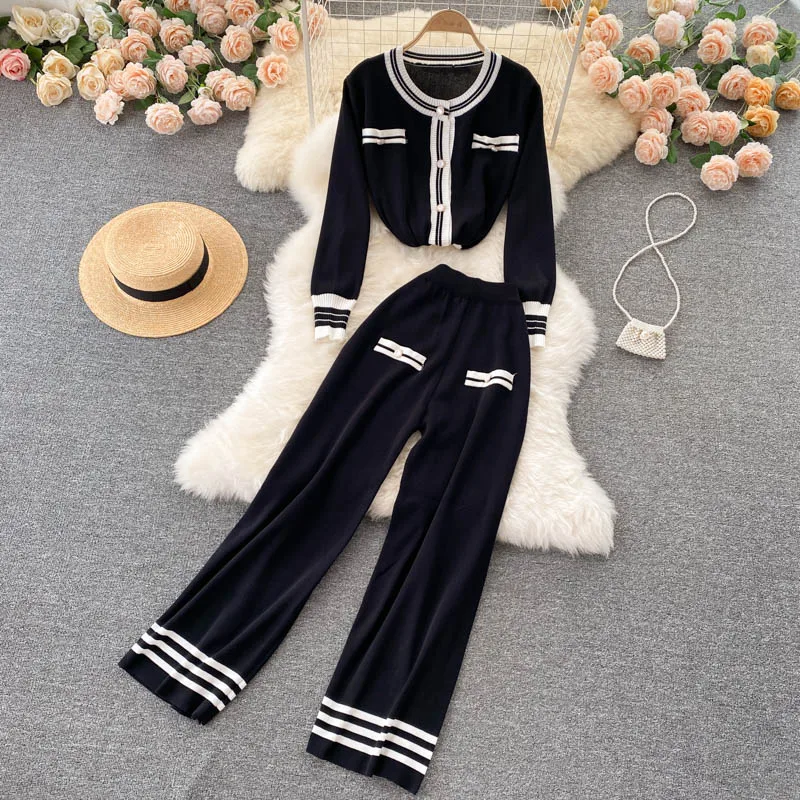 Vêtements pour femmes Mode petit style parfumé couleur contrastée pull à manches longues col rond haut ensemble deux pièces taille haute pantalon large droit