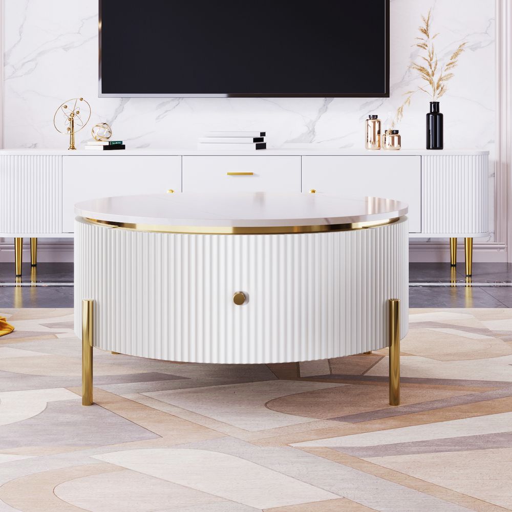 Modern Round Coffee Table With 2 Large Drawers Storage Accent Table(31.5'')_voghion.com