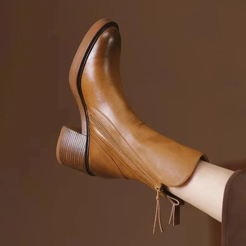 Womens high leather short round thick side zipper foot pedal boots 241022_voghion.com