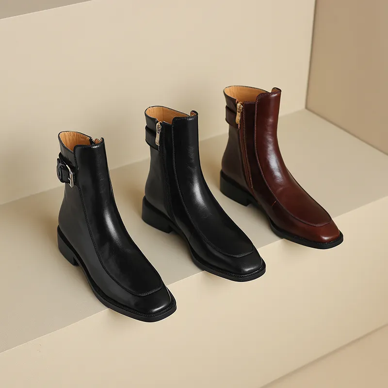 2024 New Autumn Square Toe Low Heel Women Shoes Genuine Brown Ankle Block Retro Leather Boots 3d39_voghion.com