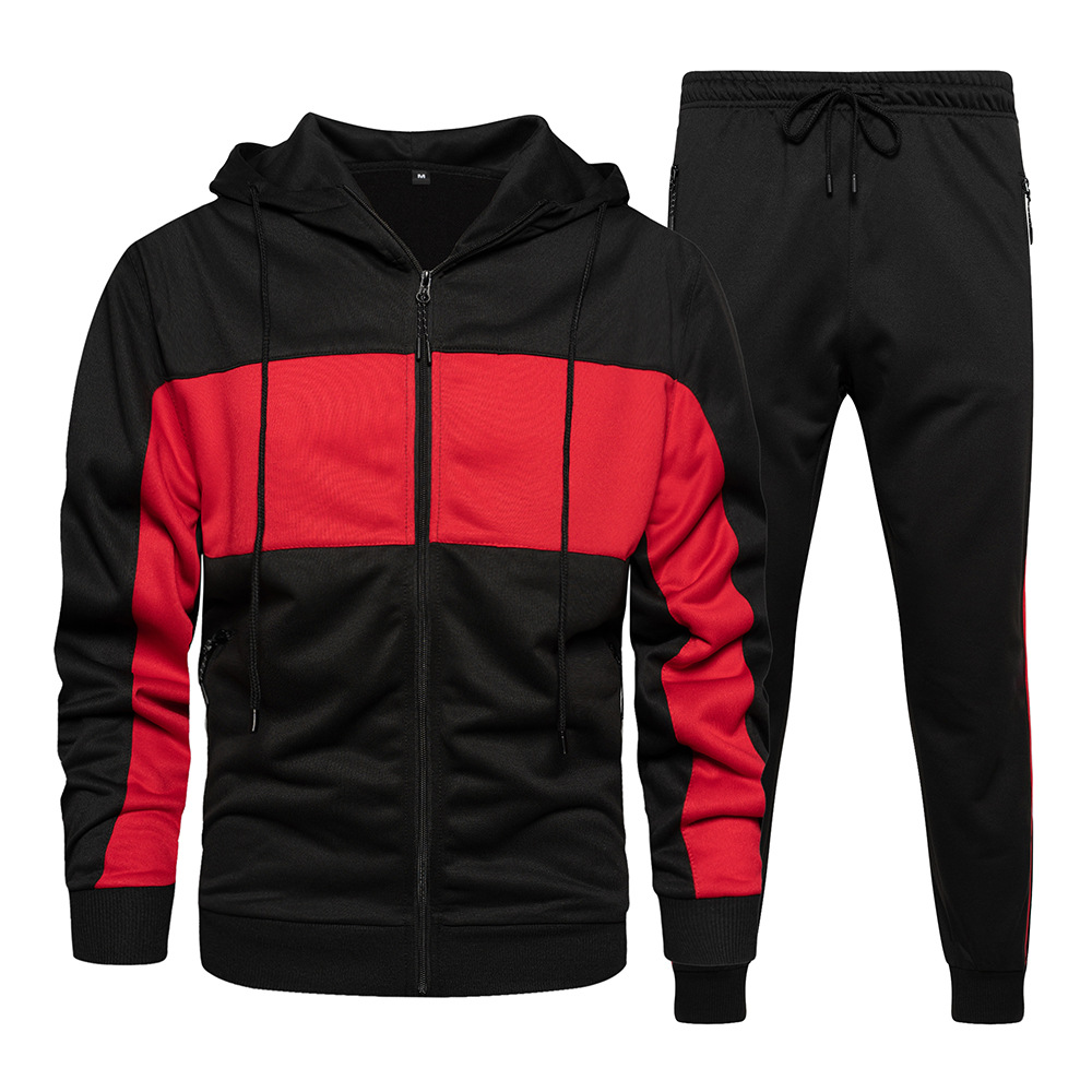 Lässiges zweiteiliges Set für Herren mit Farbkontrast, Strickjacke und Kapuze, Trainingsanzug in Übergröße_voghion.com