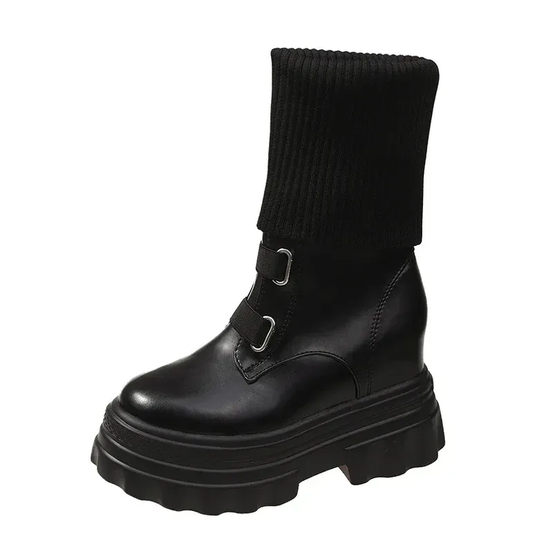 Platform Women Gothic Elastic Band Wedges Boots Frosted Leather Thick Sole Punk Internal Increated Short Botas Mujer_voghion.com