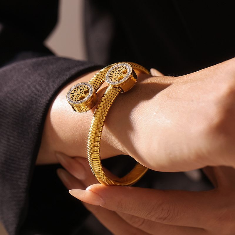 Fashion Tree Of Life Dia Thread Open Bracelet Titanium Steel Plated With Gold Personalized Design Jewelry_voghion.com