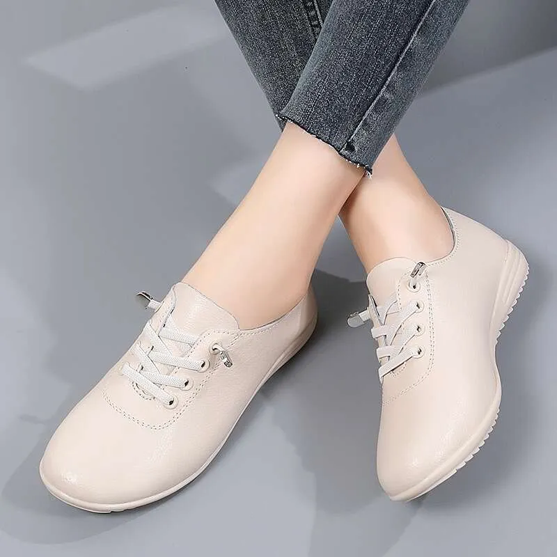 Chaussures plates en cuir blanches pour femmes, nouvelles chaussures de printemps, à enfiler, à semelle souple, décontractées, 456_voghion.com